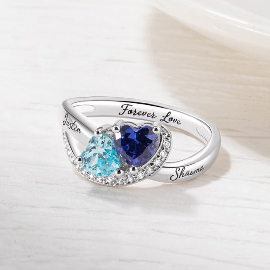 Double Birthstone & Names Engraved Ring