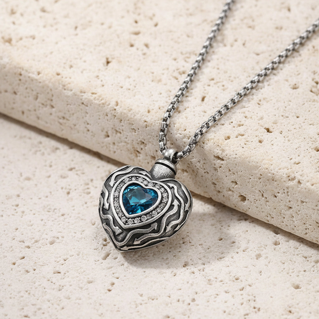 Engraved Vintage Gemstone Heart Urn Necklace