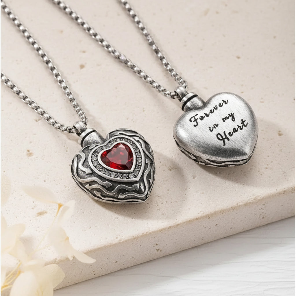 Engraved Vintage Gemstone Heart Urn Necklace