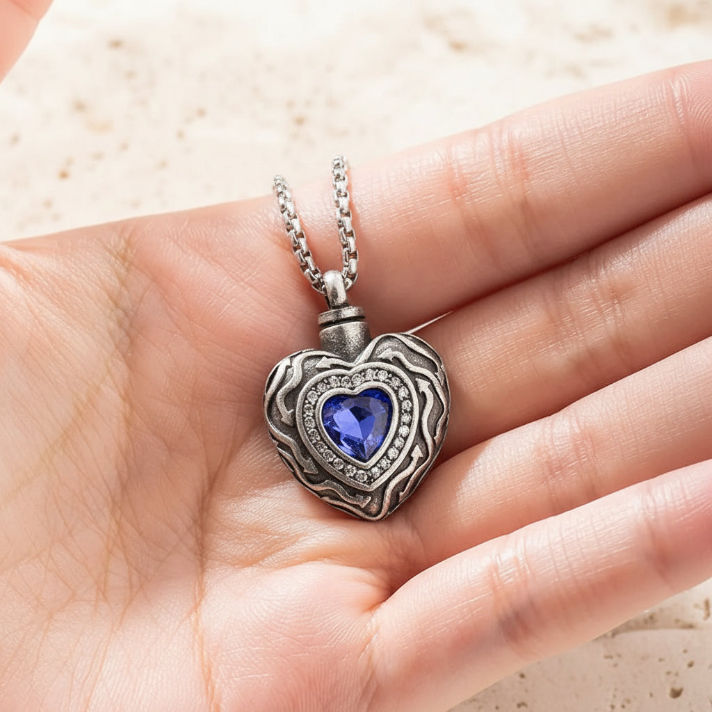 Engraved Vintage Gemstone Heart Urn Necklace