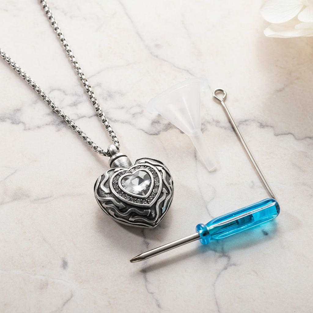 Engraved Vintage Gemstone Heart Urn Necklace