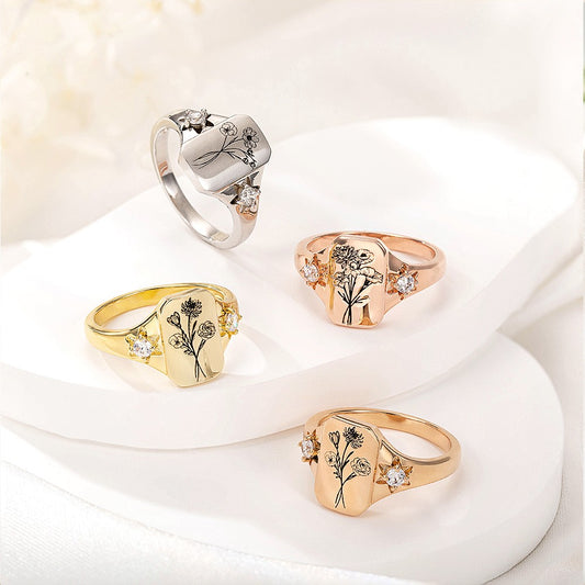 Combined Birth Flowers Signet Ring