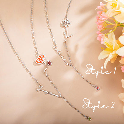 Birth Flower Name Y-Necklace with Birthstone