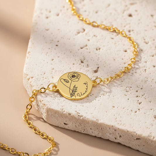 Custom Engraved Birth Flower & Name Bracelet