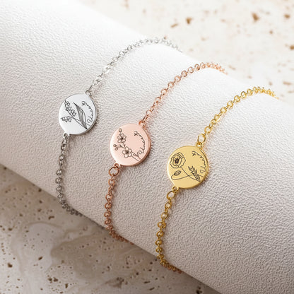 Custom Engraved Birth Flower & Name Bracelet