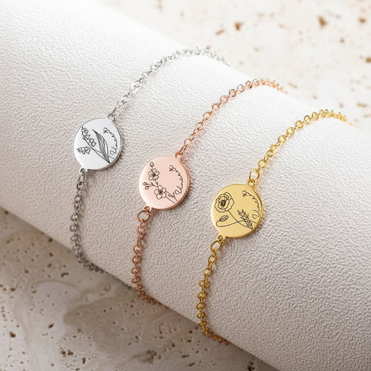 Custom Engraved Birth Flower & Name Bracelet