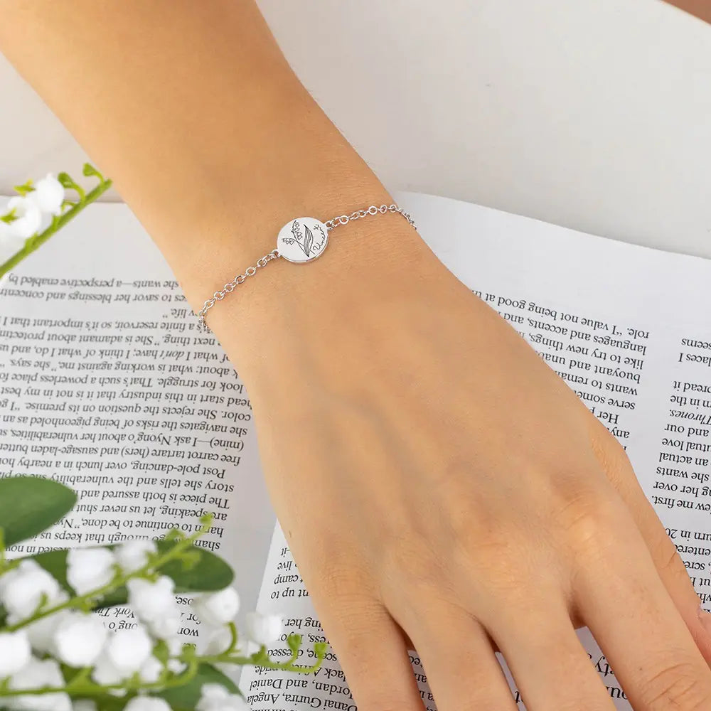 Custom Engraved Birth Flower & Name Bracelet