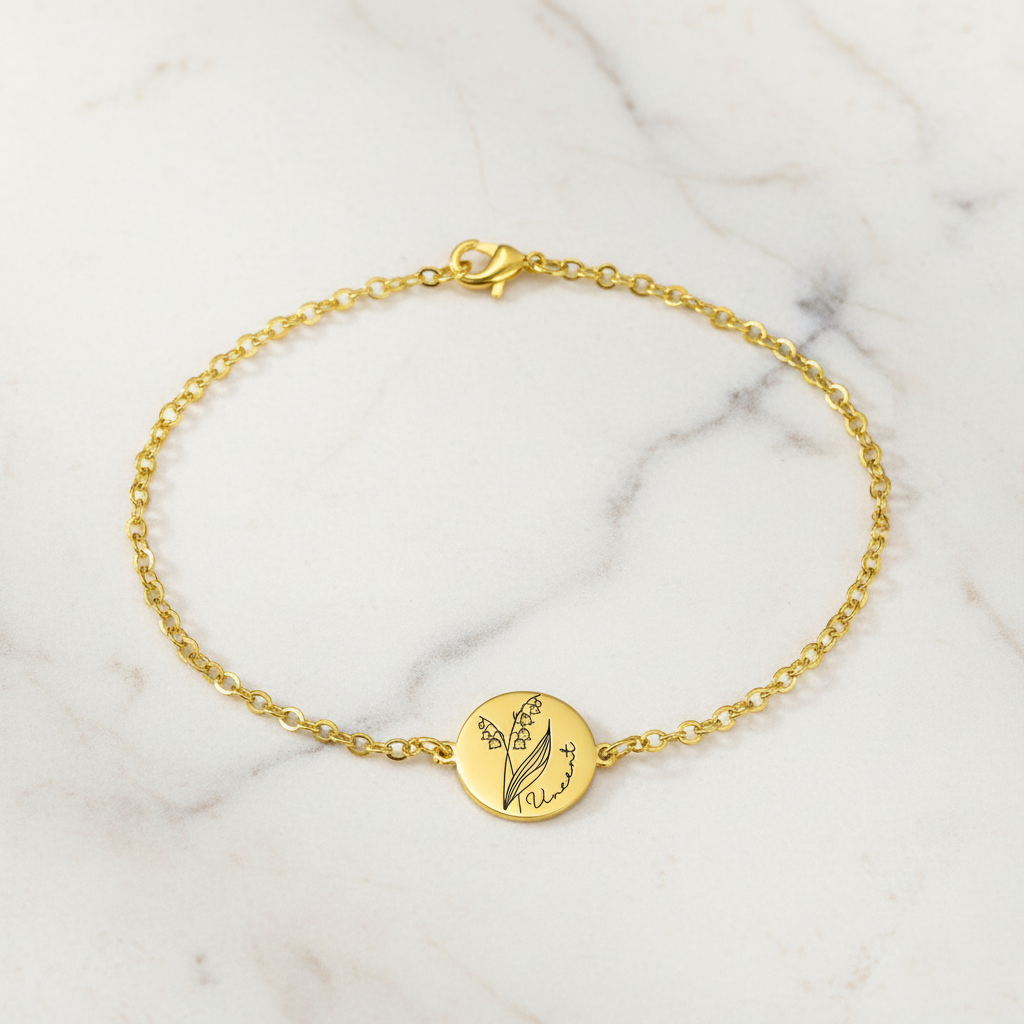 Custom Engraved Birth Flower & Name Bracelet