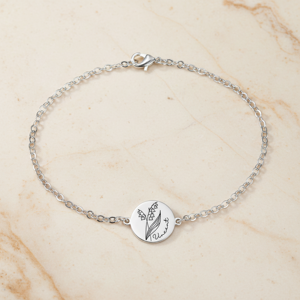 Custom Engraved Birth Flower & Name Bracelet