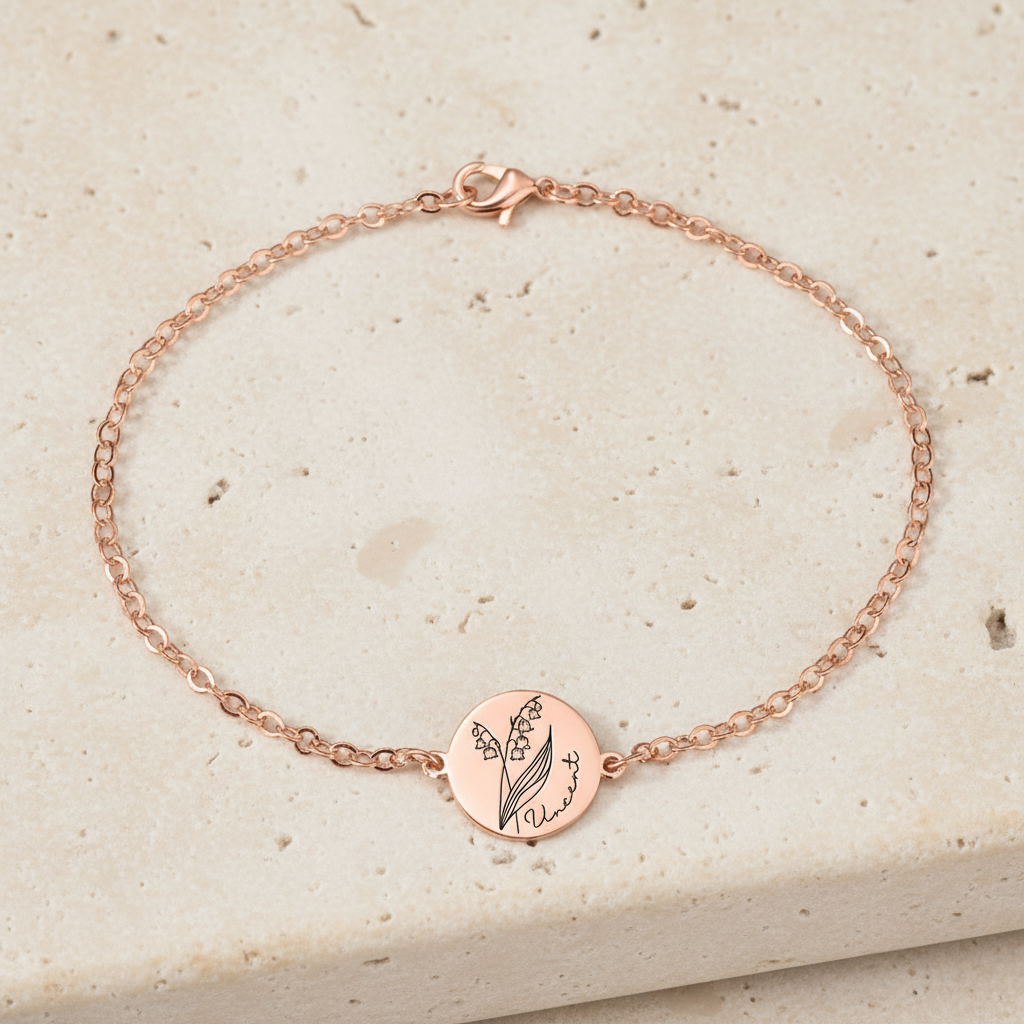 Custom Engraved Birth Flower & Name Bracelet