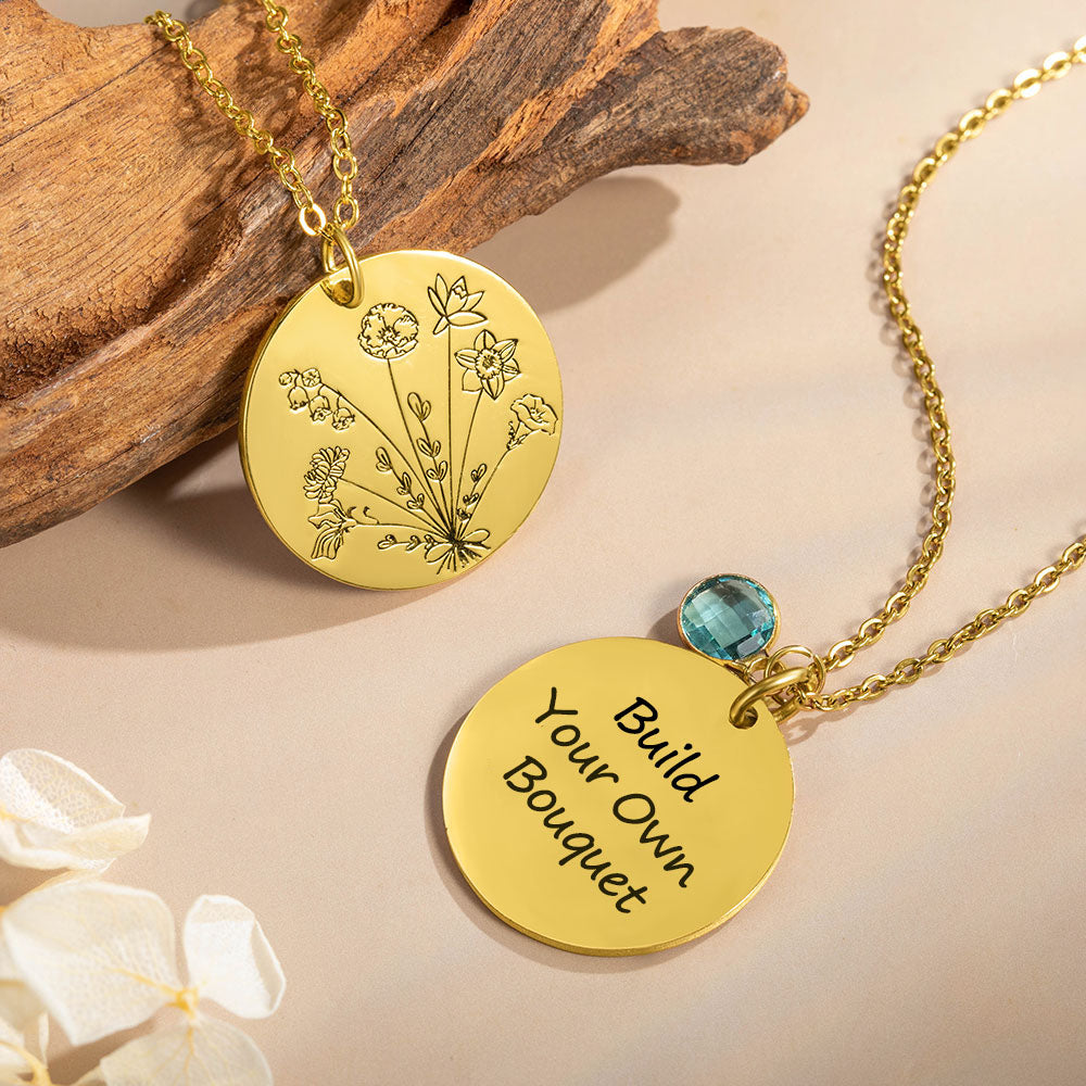 Combined Birth Flower Engraved Necklace