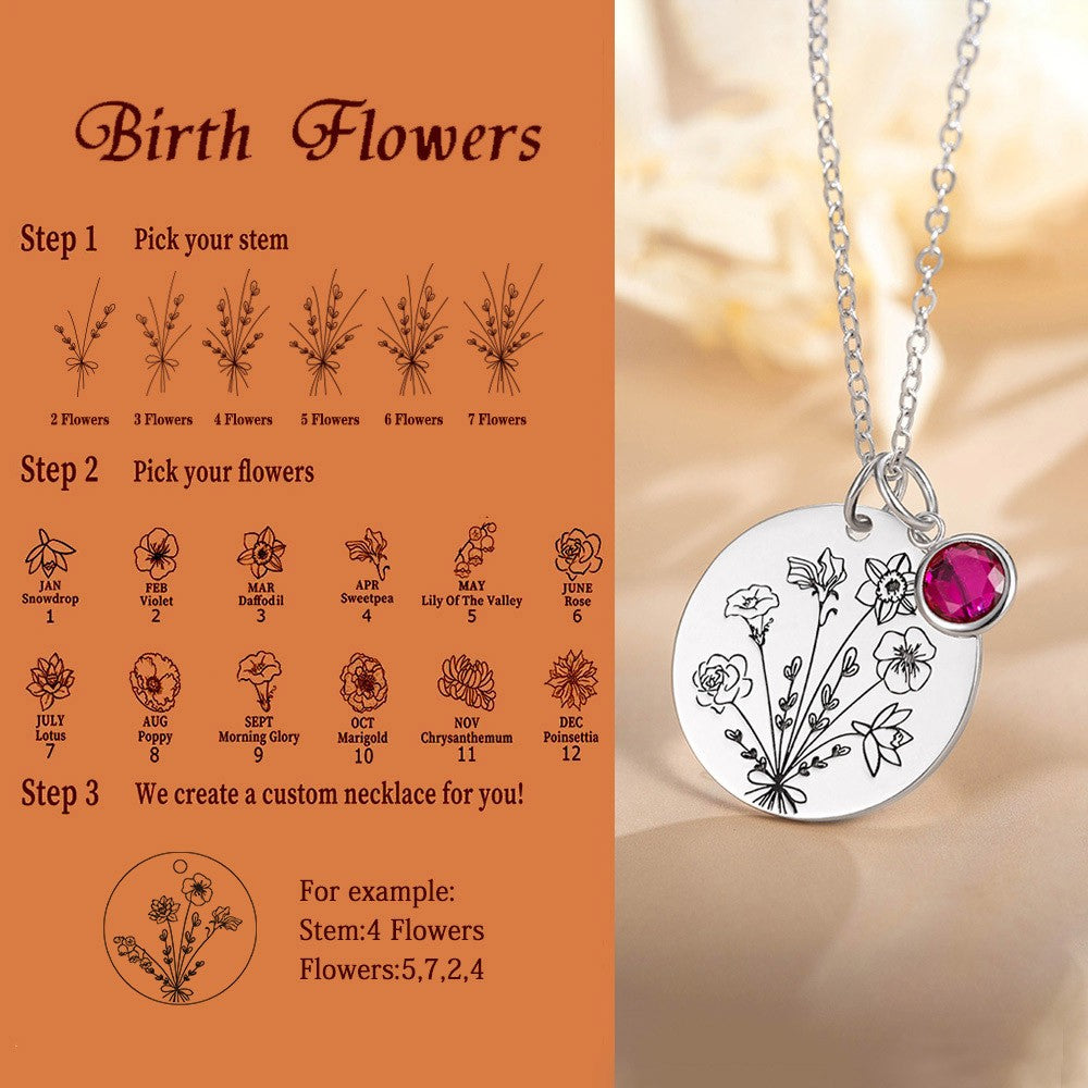 Combined Birth Flower Engraved Necklace