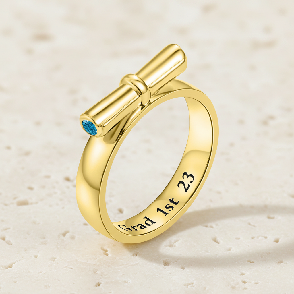 Custom Engraved Graduation Ring with Birthstone