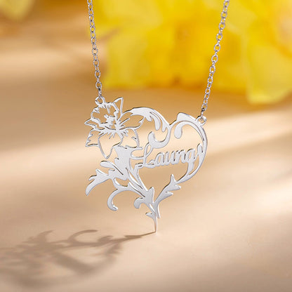 Custom Name Birth Flower Heart Necklace