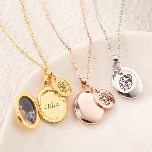 Custom Birth Flower & Photo Locket Necklace