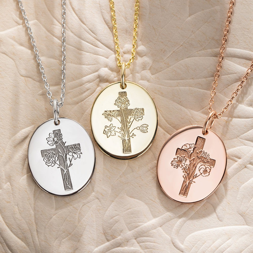 Custom Birth Flower Cross Necklace