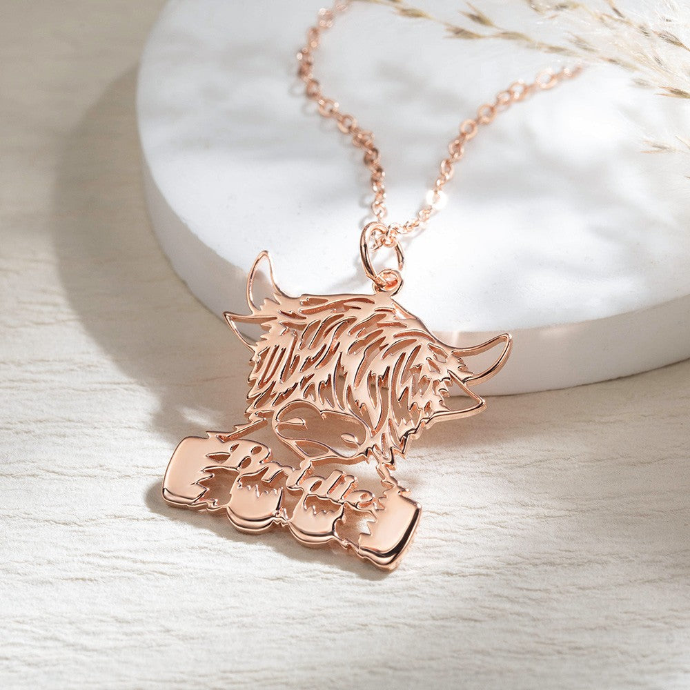 Personalized Name Highland Cow Necklace