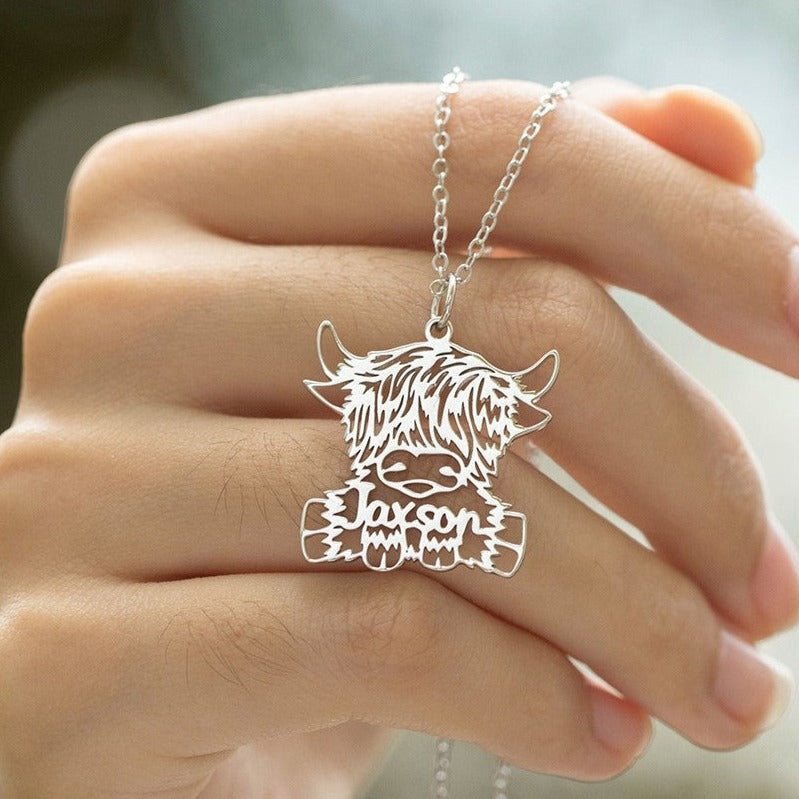 Personalized Name Highland Cow Necklace