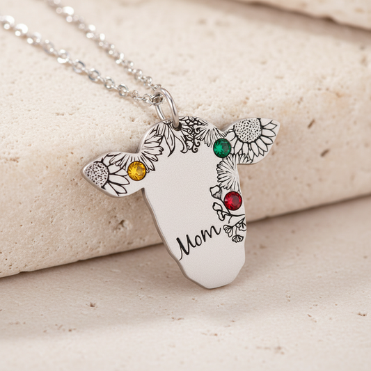 Custom Name & Birthstone Cow Necklace