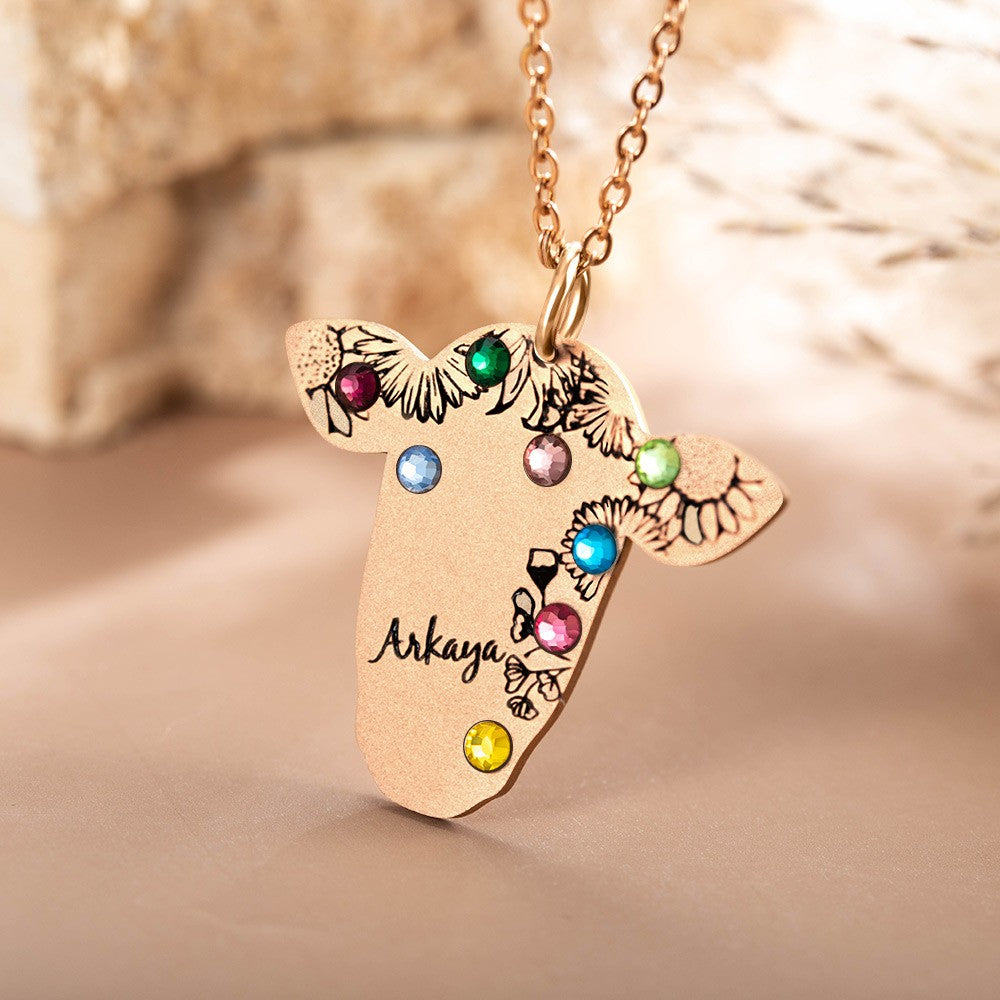 Custom Name & Birthstone Cow Necklace