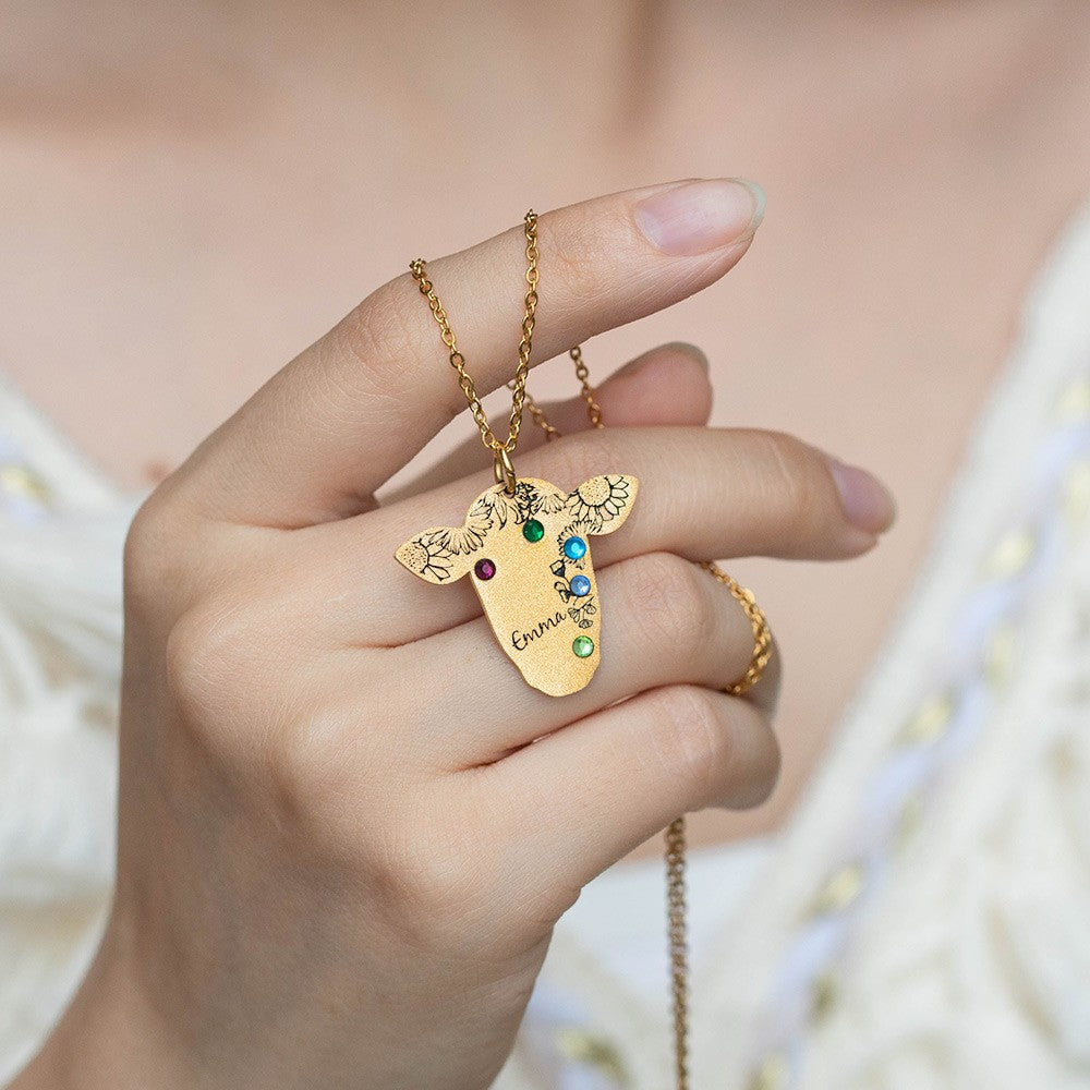 Custom Name & Birthstone Cow Necklace