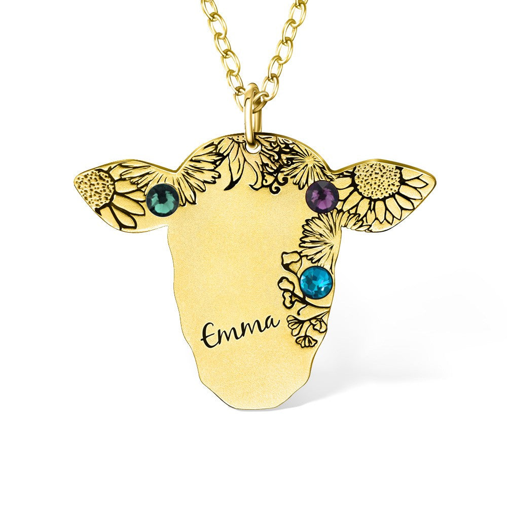 Custom Name & Birthstone Cow Necklace