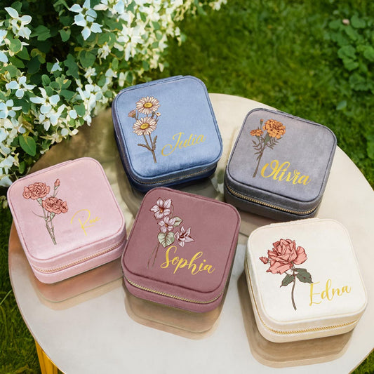 Custom Birth Flower Velvet Jewelry Box