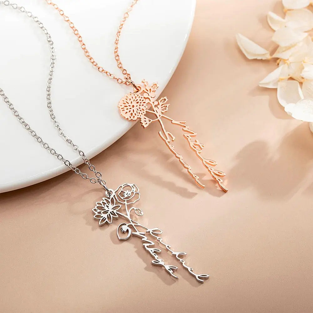 Personalized 2 Birth Flowers & Names Necklace