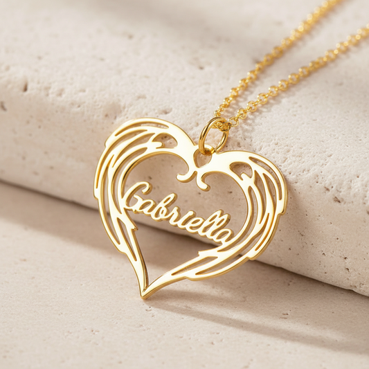 Guardian Angel Wings Heart Name Necklace