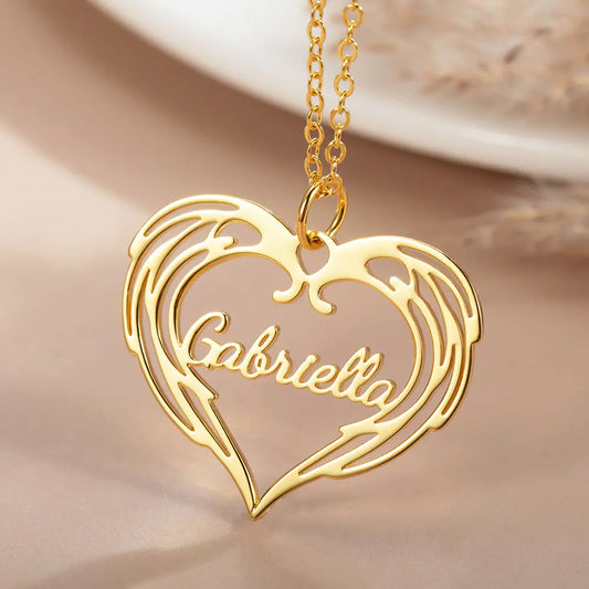 Guardian Angel Wings Heart Name Necklace