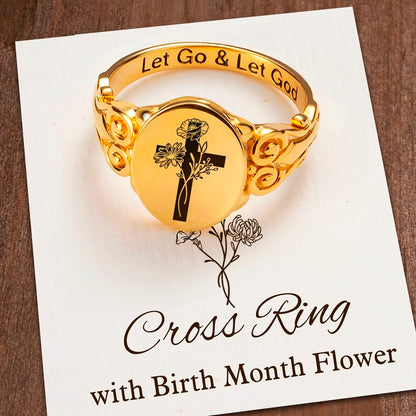 Custom Birth Flower Bouquet Cross Ring