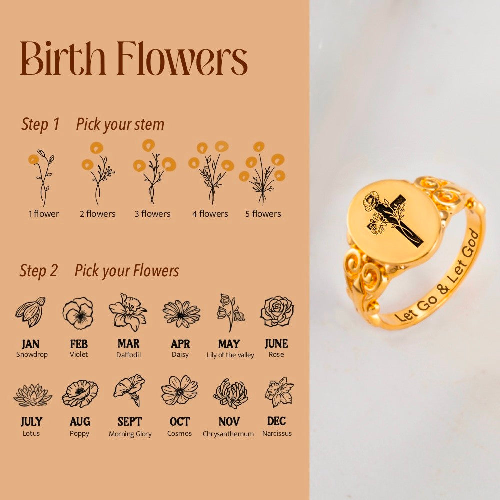 Custom Birth Flower Bouquet Cross Ring