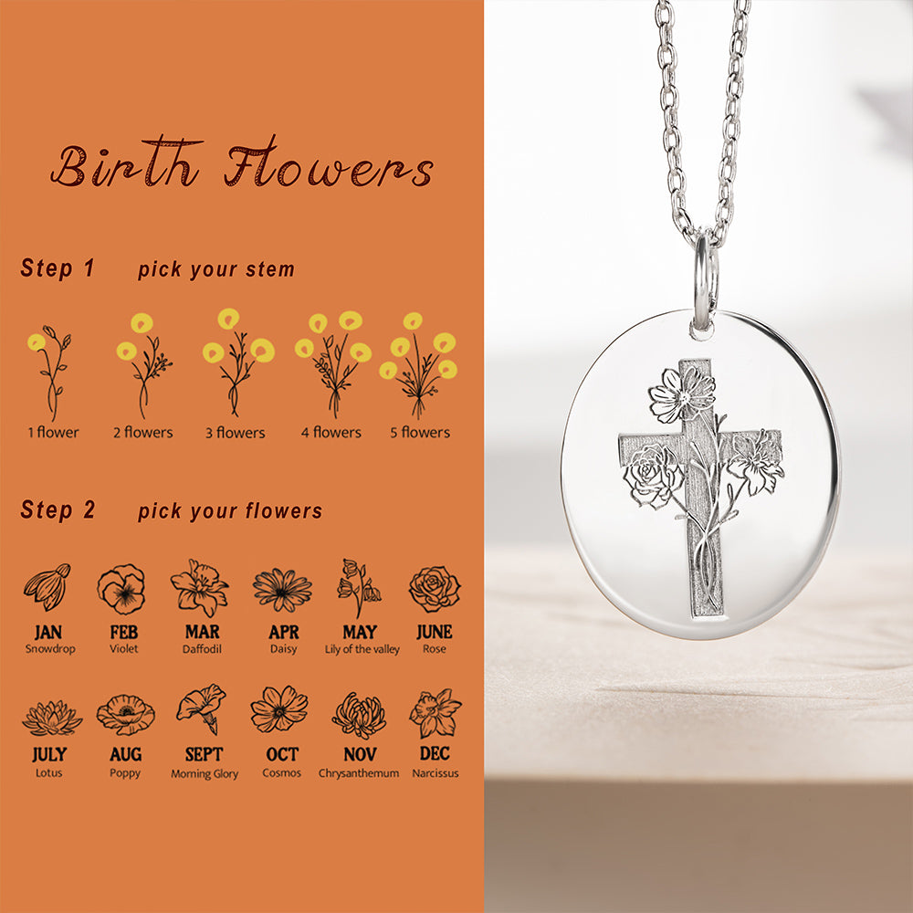 Custom Birth Flower Cross Necklace