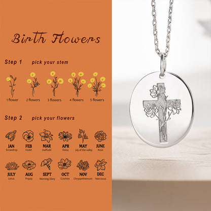 Custom Birth Flower Cross Necklace