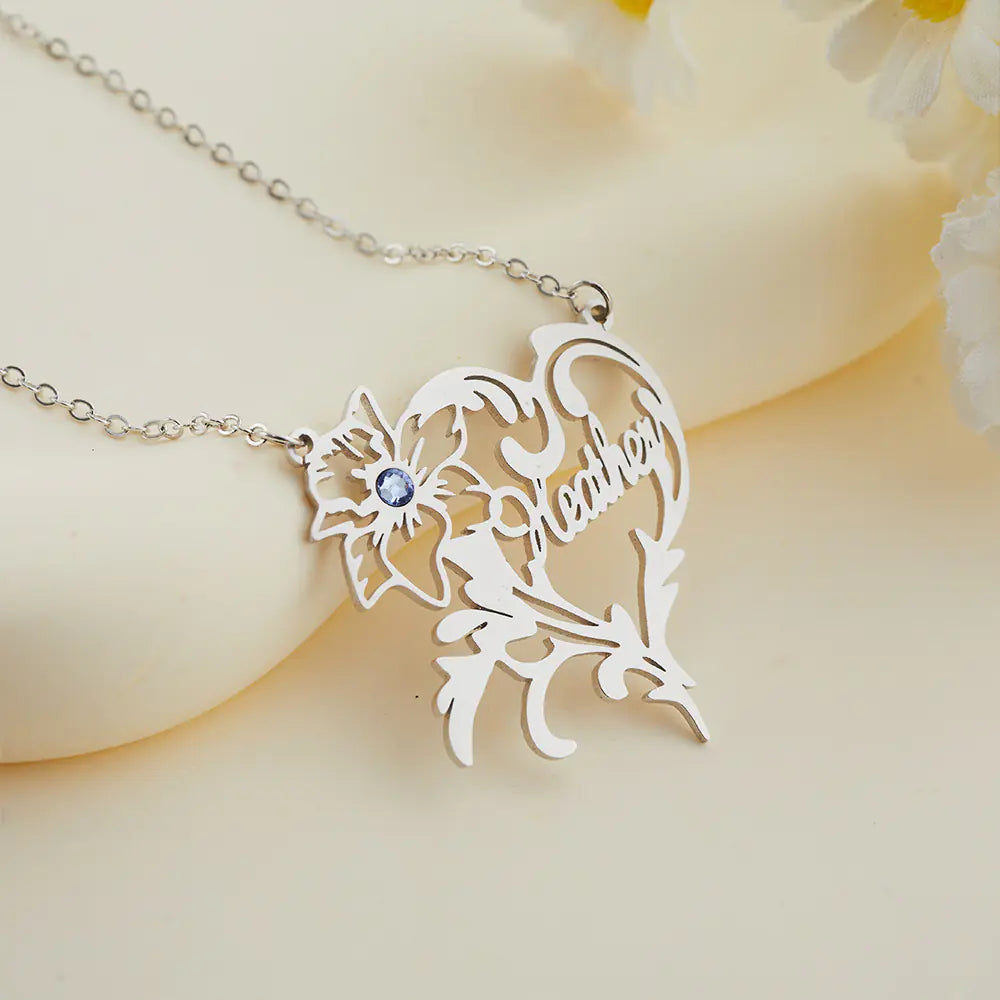 Custom Birth Flower Heart Necklace with Birthstone & Name