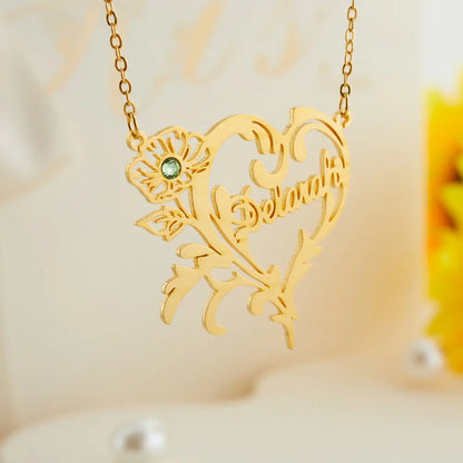 Custom Birth Flower Heart Necklace with Birthstone & Name