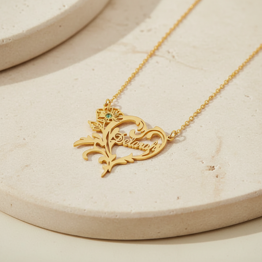 Custom Birth Flower Heart Necklace with Birthstone & Name