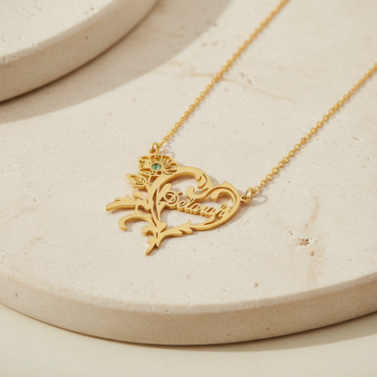 Custom Birth Flower Heart Necklace with Birthstone & Name