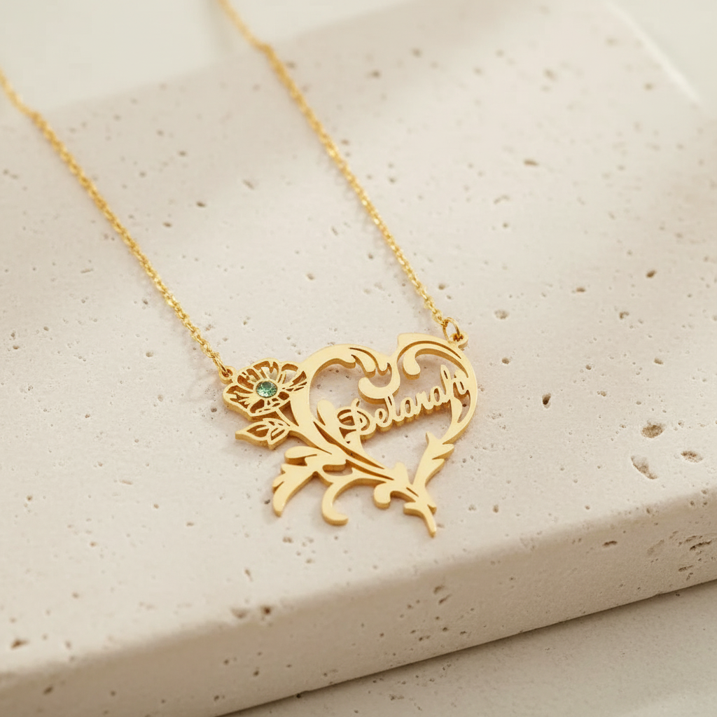 Custom Birth Flower Heart Necklace with Birthstone & Name