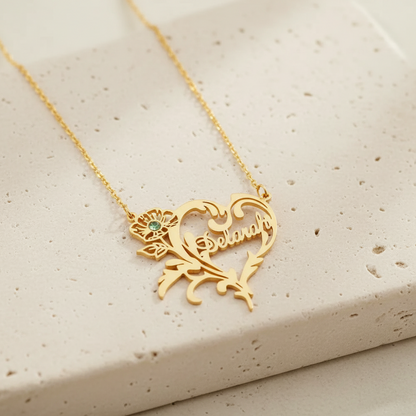 Custom Birth Flower Heart Necklace with Birthstone & Name