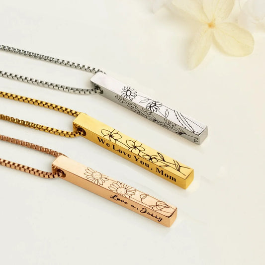 Engraved Birth Flower Bar Necklace