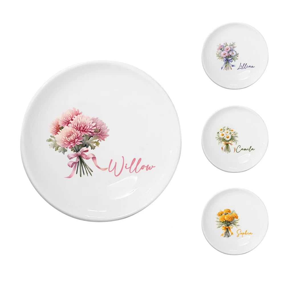 Personalized Birth Flower Ring Dish with Name
