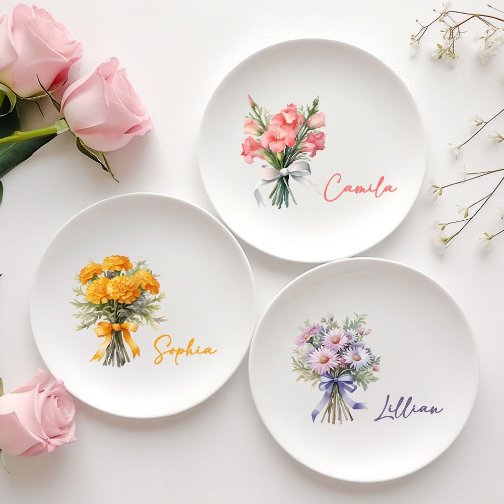 Personalized Birth Flower Ring Dish with Name
