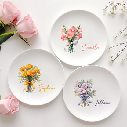 Personalized Birth Flower Ring Dish with Name