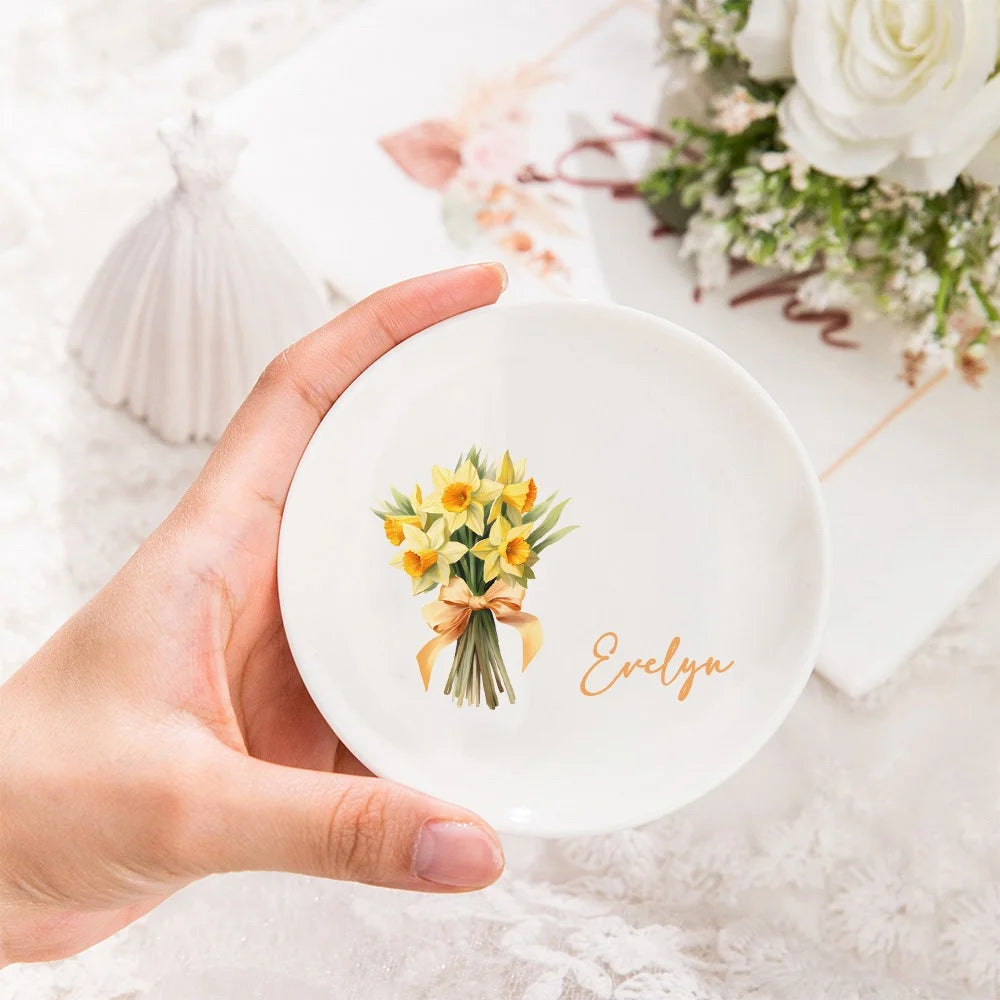 Personalized Birth Flower Ring Dish with Name
