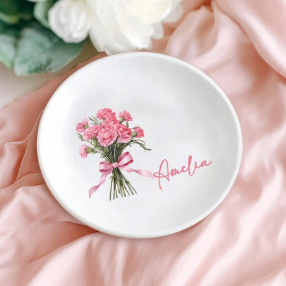 Personalized Birth Flower Ring Dish with Name