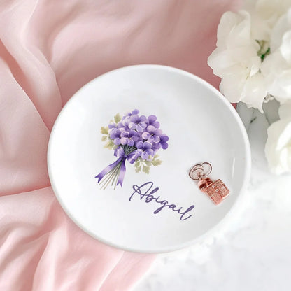 Personalized Birth Flower Ring Dish with Name