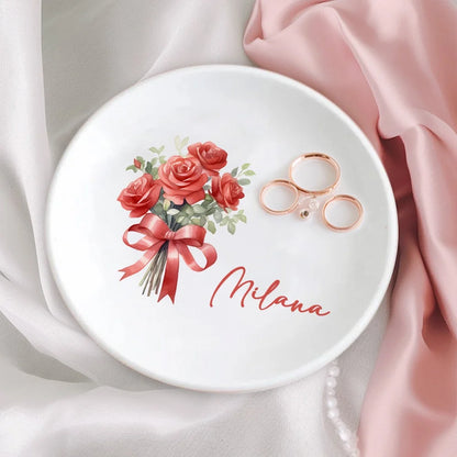 Personalized Birth Flower Ring Dish with Name