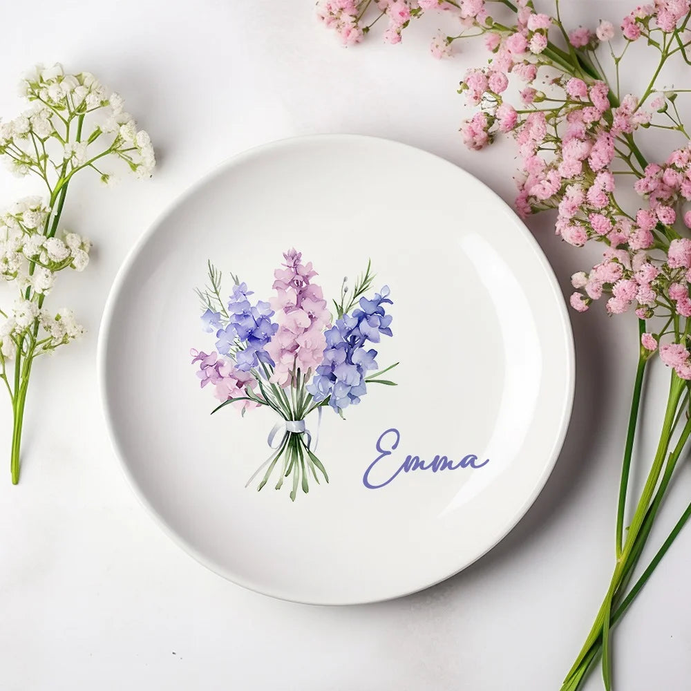 Personalized Birth Flower Ring Dish with Name