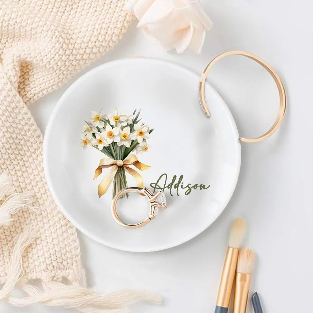 Personalized Birth Flower Ring Dish with Name